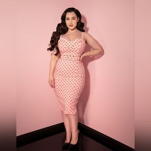 Vixen by Micheline Pitt Pink Polka Dot Midi Dress with Belt